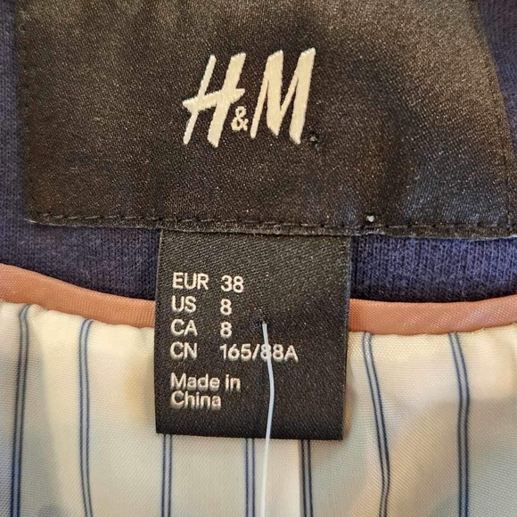 H&M NWT Navy Blue Blazer Women's Size 8 Brown Elbow Patch Career Office Preppy - Picture 6 of 11